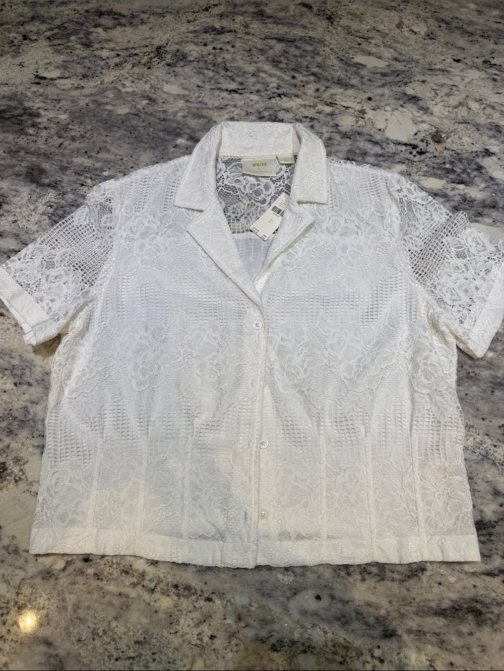 Maeve White Lace Short-Sleeve Button-Down Shirt